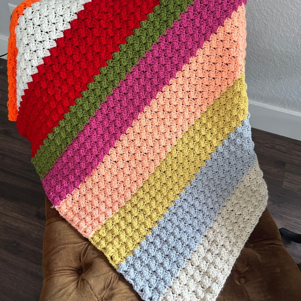 Handmade Crochet Striped Throw Blanket Rainbow Multi Color Boho Lapghan 46x26